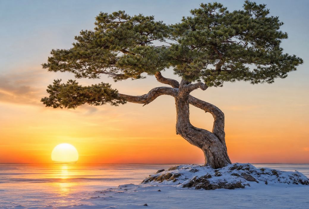 A lone pine on a snowy shore at sunrise, used to show how the five CoreValues build on one another from the roots up.