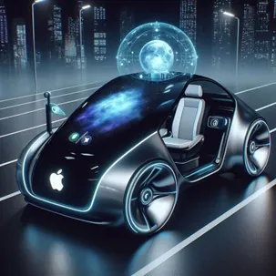A futuristic vehicle with an Apple Logo