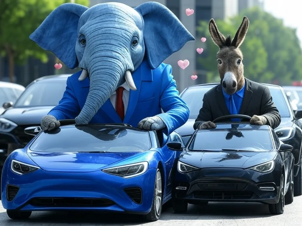 An AI-generated image of an elephant and a donkey, each driving an electrified vehicle.